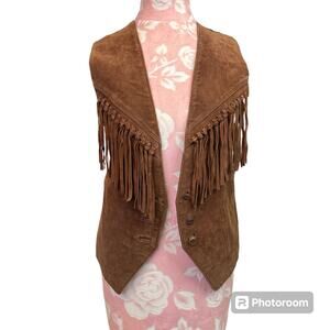 Express Vintage Brown Leather Fringe Vest 90s Western Festival One Size